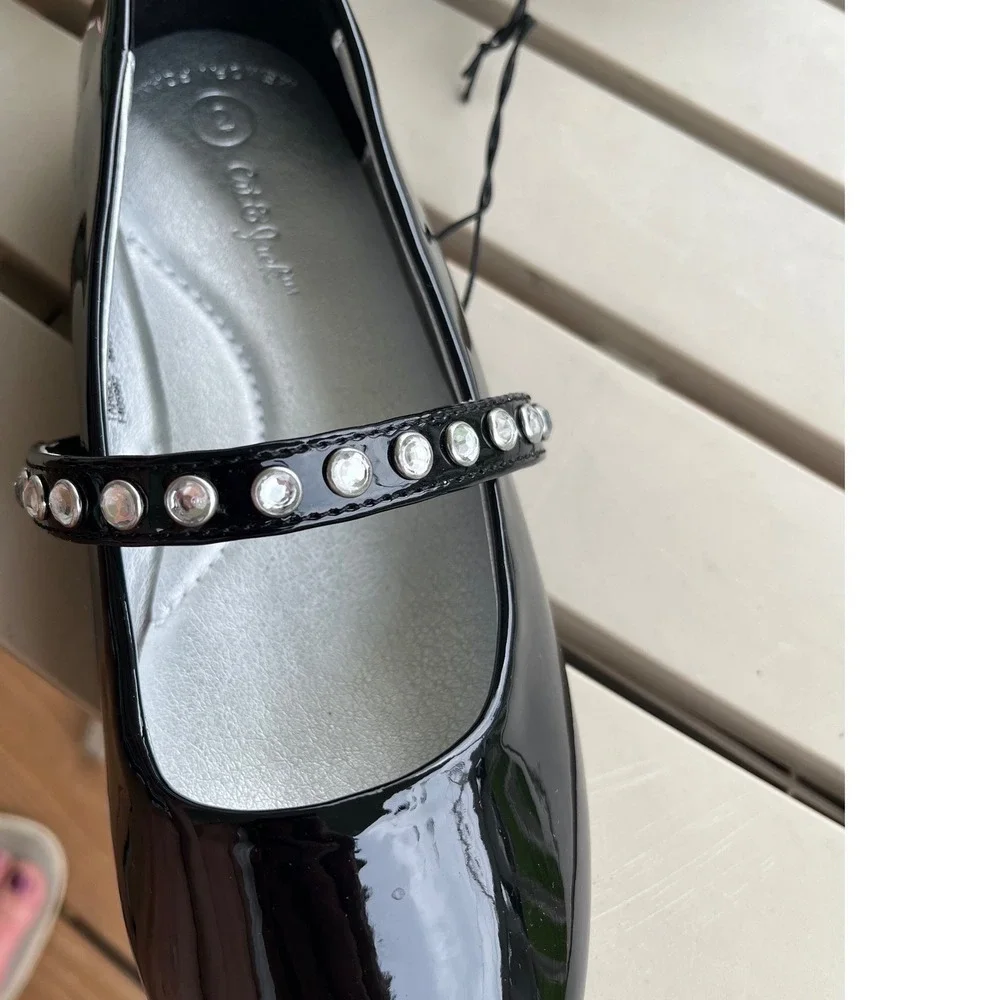 Cat & Jack Brooke Girls Black Patent Rhinestone Mary Jane Flats Size‎ 2 NEW